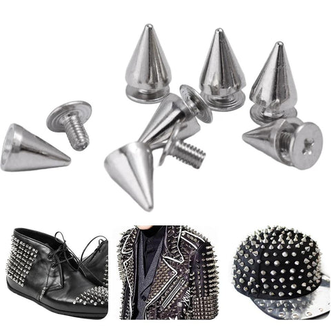 10pcs silver cone rivet studs and spikes for leather crafts; screw-in embellishments for clothes, shoes, bags