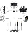 8 Light Matte Black Farmhouse Chandelier With Adjustable Height For Dining Room Living Room Kitchen Island And Bedroom, showing details of chain, ceiling plate, and lamp base.
