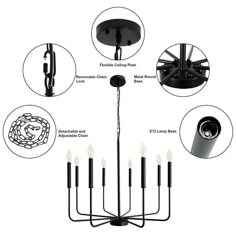 8 Light Matte Black Farmhouse Chandelier With Adjustable Height For Dining Room Living Room Kitchen Island And Bedroom, showing details of chain, ceiling plate, and lamp base.