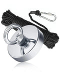 Magnet fishing kit: 2.4-inch silver neodymium magnet with ring handle, black braided rope and carabiner
