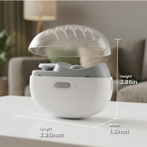 Upgraded Electric Nail Clipper With Adjustable Speeds And LED Light Automatic Trimmer For Babies Kids Adults Seniors displayed on a table.