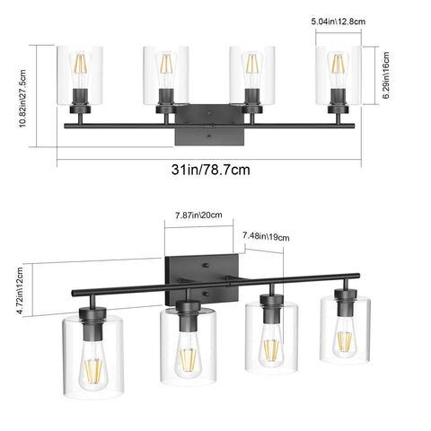Diagram of Dope Four Light Black Bathroom Vanity Light Over Mirror With Clear Glass Shades dimensions