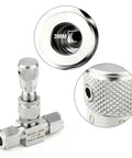 3mm needle valve in 304 stainless steel with 1/4 in OD compression fittings and knurled adjustment knob