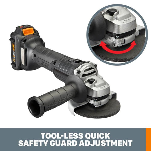 Cordless 4.5 Inch Angle Grinder With Brushless Motor, 20V Power Share, Tool Only shown with tool-less safety guard adjustment