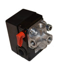 Four Port Air Compressor Pressure Switch 120 To 150 PSI Auto Metal Housing With Adjustable Differential 25 To 33 PSI, 26 Amp, 120 Volt Single Pole Quarter Inch FNPT Inlet