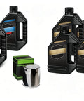 Complete V Twin Bike Oil Service Kit Featuring Four Quarts of 20W50 Synthetic Blend Engine Oil One Quart Primary Lube Plus Trans Gear Oil and Chrome Oil Filter for Keeping Your Maxima Bike Going Strong Year Round like an Absolute Boss. 4 bottles and chrome filter