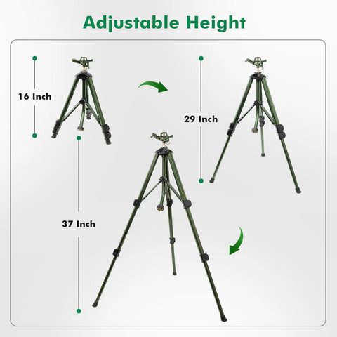 Heavy Duty Zinc Tripod Base Impact Sprinkler, 360 Degree Rotating, 3 Height Adjustable Steel Sprinkler Head in three positions