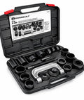 Ball And U Joint Service Set 23 Piece Tool Kit Pro Grade For Removing And Installing Ball Joints And U Joints Includes Receiving Tubes Adapters Sockets Heavy Duty C Frame, open case view
