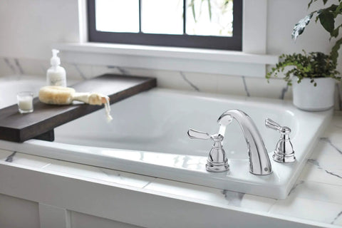 Elmhurst Roman Tub Trim Kit Chrome For 3 Hole 8 To 16 Inch Installations, ADA Compliant faucet on white bathtub