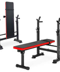Weight Bench With Squat Rack And Adjustable Recliner - Foldable Home Gym Gear shown folded and in use, red and black