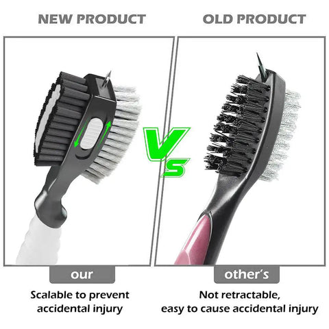 Comparison of new and old Two Pack Golf Club Brush With Magnetic Keychain And Oversized Cleaning Head, showing retractable spike feature.
