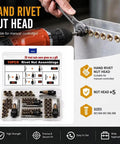 Real Deal Heavy Duty Rivet Nut Tool Set With Tough Carbon Steel Inserts In M3 M4 M5 M6 M8 Sizes For Car Repair And Sheet Metal Fabrication Drill Ready Pro Kit with nut heads and sizes displayed.