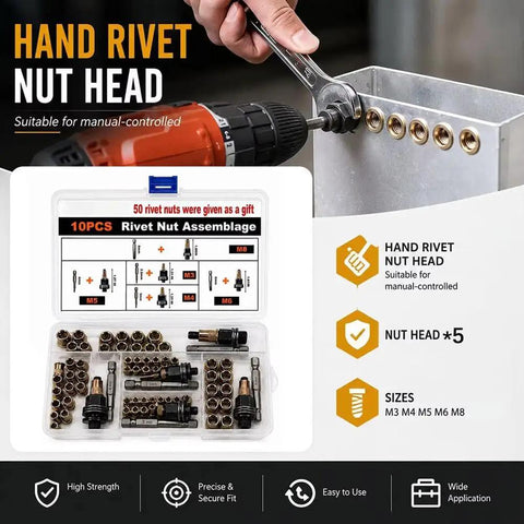 Real Deal Heavy Duty Rivet Nut Tool Set With Tough Carbon Steel Inserts In M3 M4 M5 M6 M8 Sizes For Car Repair And Sheet Metal Fabrication Drill Ready Pro Kit with nut heads and sizes displayed.