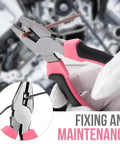 Pink pliers from Compact Tool Box Set For Women With 24 Piece Essential DIY Starter Tools, shown in use for home projects.
