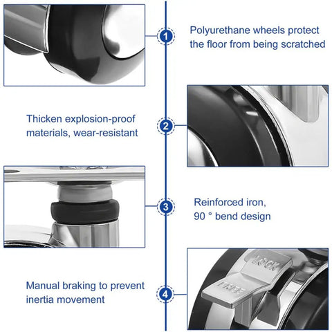 Heavy Duty Office Chair Casters Five Pack Smooth Rolling Replacements For Computer And Desk Seats close-up on features like polyurethane wheels and locking mechanisms.