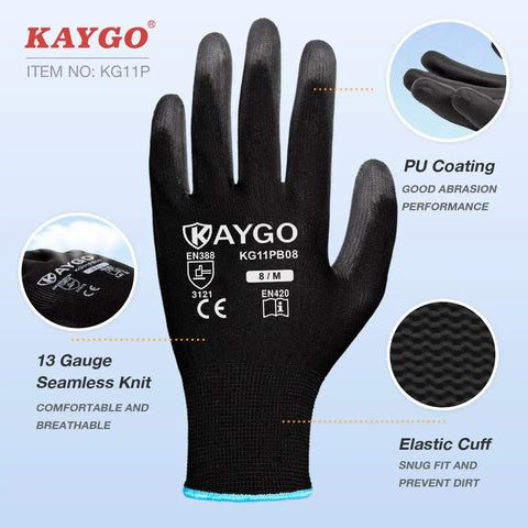 Lightweight Seamless Knit PU Coated Work Gloves For Men And Women With Smooth Palm Grip 13 Gauge Polyester Breathable Everyday Comfort For Light Warehouse Manufacturing And Gardening 60 Pairs KG11P displayed with features and branding.