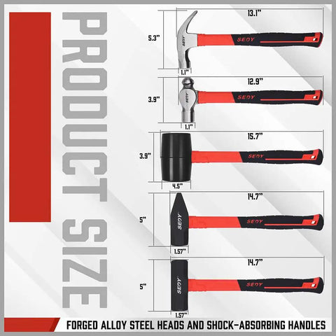 Five Piece Hammer Set For Home Workshop, Includes 24oz Ball Pein Hammer, 22oz Claw Hammer, 32oz Rubber Mallet, 3lb Sledge Hammer, And 3lb Cross Pein Hammer, Durable Steel Hammers Kit For DIY Carpentry And Everyday Repairs, displayed with dimensions