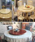 40 Inch Teak Lazy Susan Turntable on dining tables in various settings, showcasing rotating serving tray and solid wood design