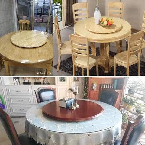 40 Inch Teak Lazy Susan Turntable on dining tables in various settings, showcasing rotating serving tray and solid wood design