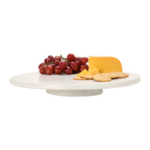 Top Shelf Smooth Spin White Marble Lazy Susan 14 Inch Rolling Turntable with snacks, grapes, cheese, and crackers.