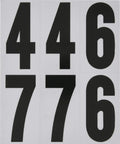 Reflective 3 Inch Mailbox Number Set With White And Silver Self Adhesive Digits, showing black numbers 4, 4, 6, 7, 7, 6