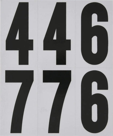 Reflective 3 Inch Mailbox Number Set With White And Silver Self Adhesive Digits, showing black numbers 4, 4, 6, 7, 7, 6