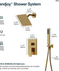 GRANDJOY 6" Wall Mount Shower System with Handheld Spray, Brushed Gold, dimensions and installation guide.