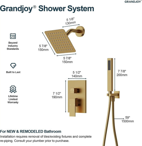 GRANDJOY 6" Wall Mount Shower System with Handheld Spray, Brushed Gold, dimensions and installation guide.