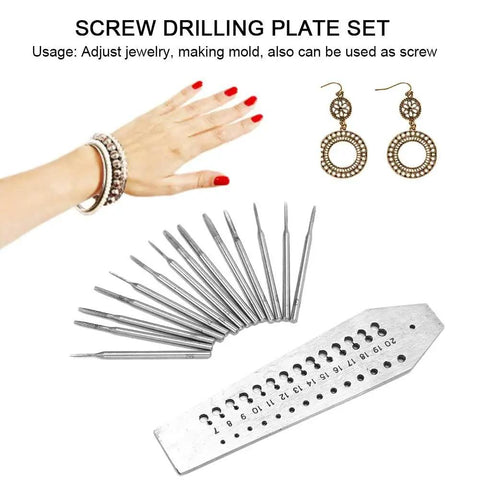 Top Shelf Tungsten Steel Screw Drilling Plate Kit With Rock Solid Thread Mold For Crafting Custom Earrings And Bracelets displayed with earrings.