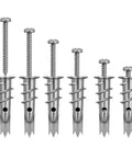 100 Pcs Zinc Self Drilling Drywall Anchors With 8 Stainless Steel Screws Kit lined up on white background