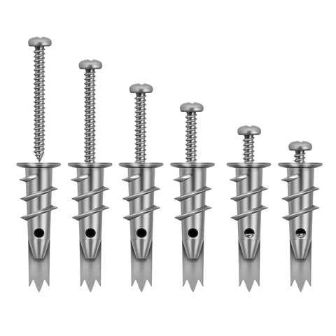 100 Pcs Zinc Self Drilling Drywall Anchors With 8 Stainless Steel Screws Kit lined up on white background