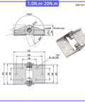 Front view of 304 stainless steel damping hinge with adjustable torque and mounting plate with six holes