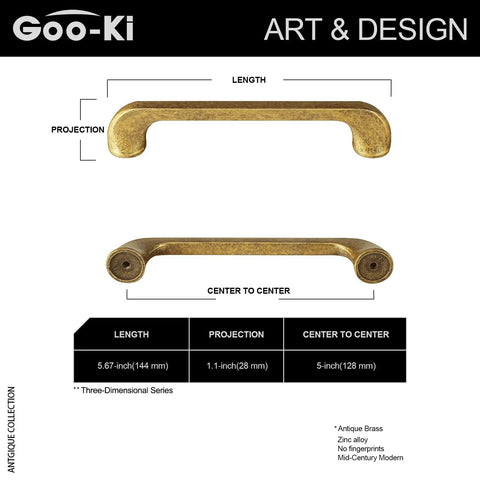 Antique Brass 6 Pack 5 Inch Center To Center Cabinet Handles Retro Drawer Pulls Vintage Kitchen Hardware Mid Century Modern Dresser Bar Pulls Casual Luxury, detailed dimensions with projection and length.