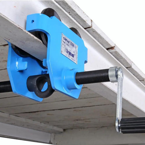 Overhead Push Beam Trolley Heavy Duty 2 Ton Capacity mounted on beam with flange adjustment crank visible