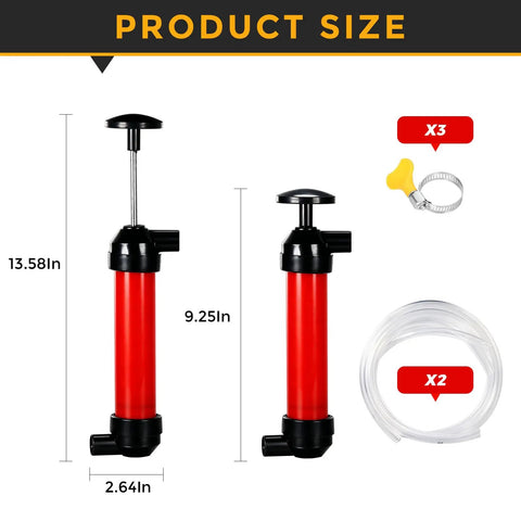 Manual Liquid Transfer Pump Siphon Kit For Water Fuel Oil RV Antifreeze, pump dimensions, hoses and clamps included