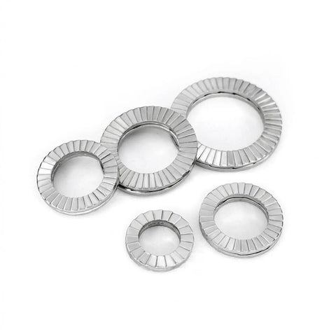 Rock Solid Heavy Duty Wedge Lock Washers Din 25201 Vibration Proof Double Sided Fasteners 304 Stainless Steel Ten Pack on white background.