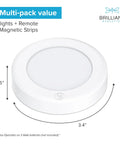 Wireless LED Puck Lights 3 Pack With Remote Control For Under Cabinet Lighting, shown with size and magnetic mounting.