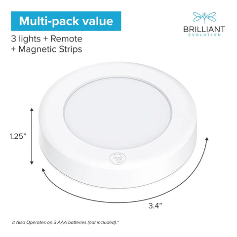 Wireless LED Puck Lights 3 Pack With Remote Control For Under Cabinet Lighting, shown with size and magnetic mounting.
