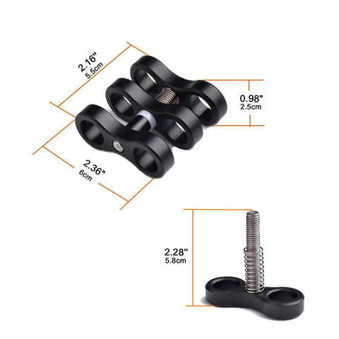 Aluminum Ball Joint Clamp For Underwater Light Arms And Camera Mounts, 360 Degree Clip Bracket with dimensions shown