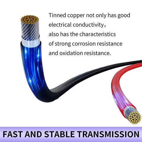 Close-up of 2x 50ft 10AWG Solar Panel Wire Kit in black and red showing tinned copper extension cables for off-grid solar.
