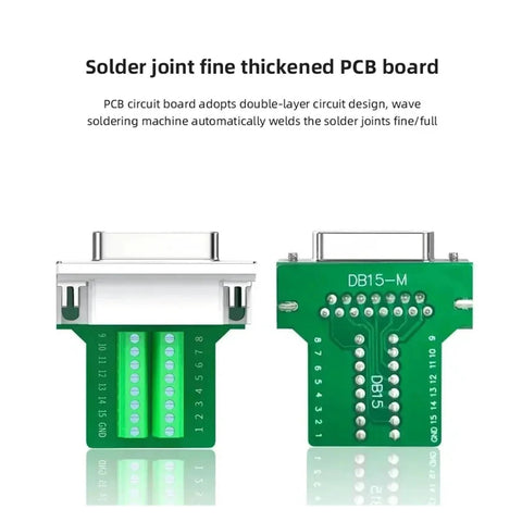 Front and rear views of a green two-row DB15 D-Sub 15-pin PCB connector adapter.