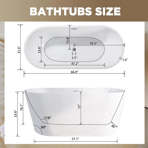 Hella Spacious Freestanding Acrylic Bathtub, Gloss White dimensions diagram showing size and shape for easy installation.