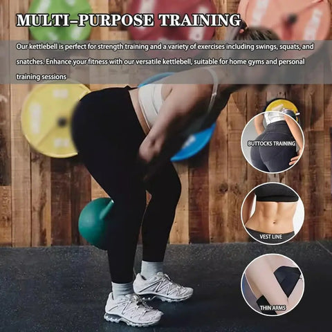 Person using Heavy Duty Cast Iron Kettlebell Set 24kg Green for home gym strength training, emphasizing multi-purpose workouts