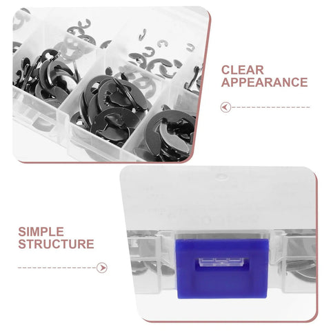 Pro Grade External Retaining Rings Kit In Stainless Steel, Easy Install, 10 Size Assortment In Durable Plastic Organizer Box For Quick Assembly And Professional Projects, clear box view