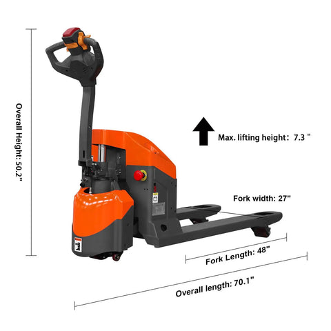 Heavy Duty Tory 3300 Lb Full Electric Pallet Jack With Long Battery Life, overall height 50.2 inches, fork length 48 inches.