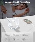 All In One Retractable 4 Port USB C Charger Block With Apple Cable For iPhone 11 Through 17 And iPad Samsung Pixel Fast Wall Charger With Dual Retractable Cables shown charging a phone on a nightstand next to a sleeping person, featuring upgraded GaN6 technology.