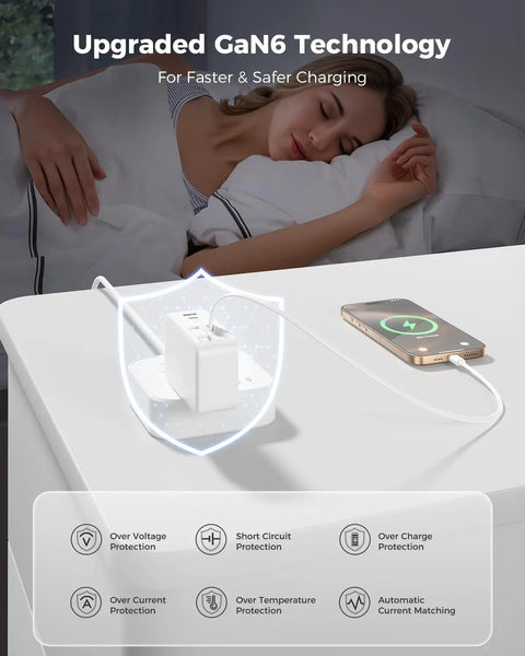 All In One Retractable 4 Port USB C Charger Block With Apple Cable For iPhone 11 Through 17 And iPad Samsung Pixel Fast Wall Charger With Dual Retractable Cables shown charging a phone on a nightstand next to a sleeping person, featuring upgraded GaN6 technology.