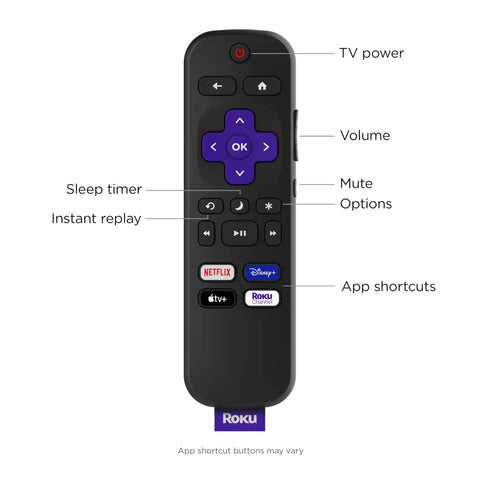 Replacement TV Remote For Roku TV Models Only With No Fuss Setup And Pre Set App Shortcuts Official Manufacturer Quality Remote Not For Roku Players Only, front view with labeled buttons and app shortcuts.