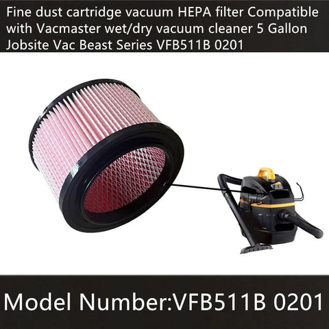 Heavy Duty Fine Dust Cartridge Vacuum Filter HEPA Replacement for Vacmaster 5 Gallon Beast VFB511B 0201 shown with vacuum