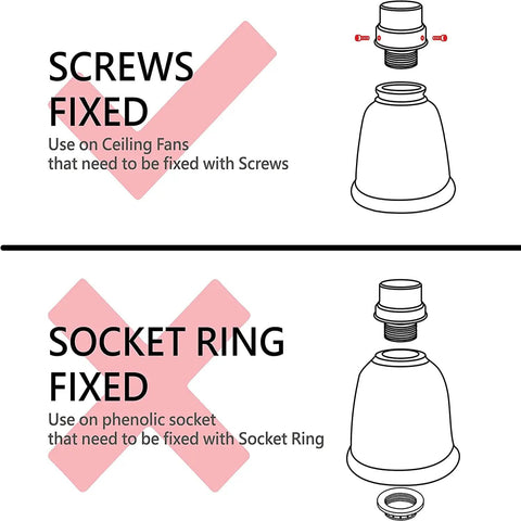 Installation diagrams for Clear Glass Ceiling Fan Light Shade Set, 4 Pack Replacement Covers with screw and socket ring options.